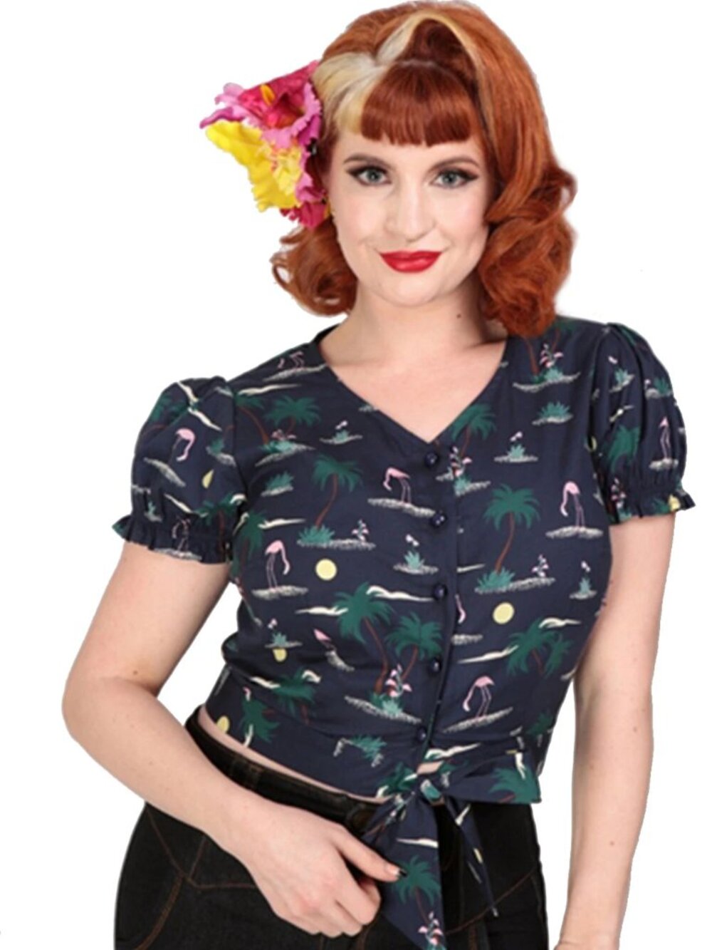 Collectif Misty Flamingo Palm 50s V-neck Short Sleeve Blouse